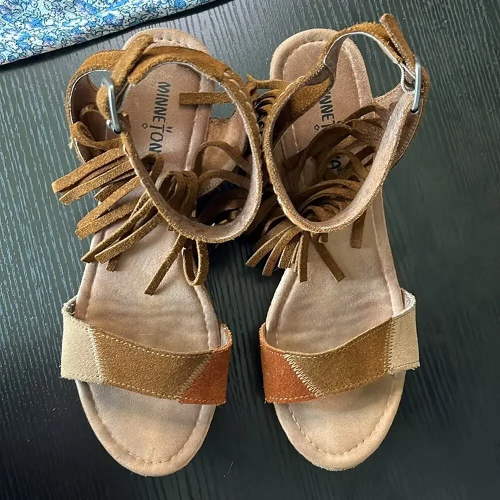 Minnetonka Fringe Suede Platform Wedge Sandals - Brown